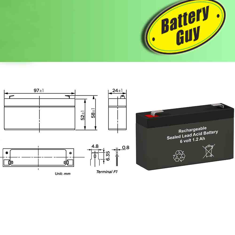 6v 1.2Ah Rechargeable Sealed Lead Acid (Rechargeable SLA) Battery - Dimensions