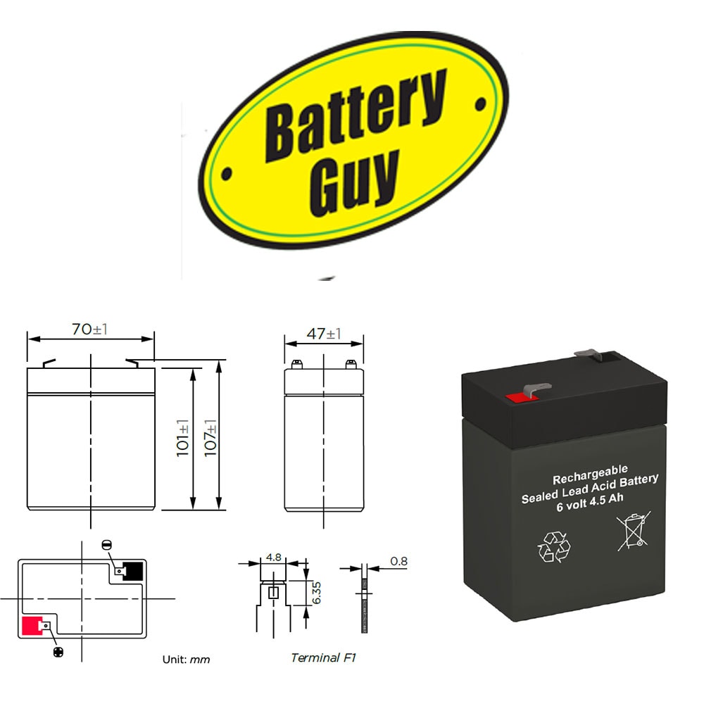 Dimensions - 6v 4.5Ah Rechargeable Sealed Lead Acid (Rechargeable SLA) Battery