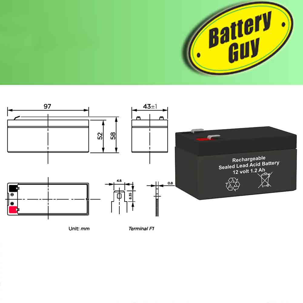 Dimensions - 12v 1.2Ah Rechargeable Sealed Lead Acid Battery - F1 Faston Terminals