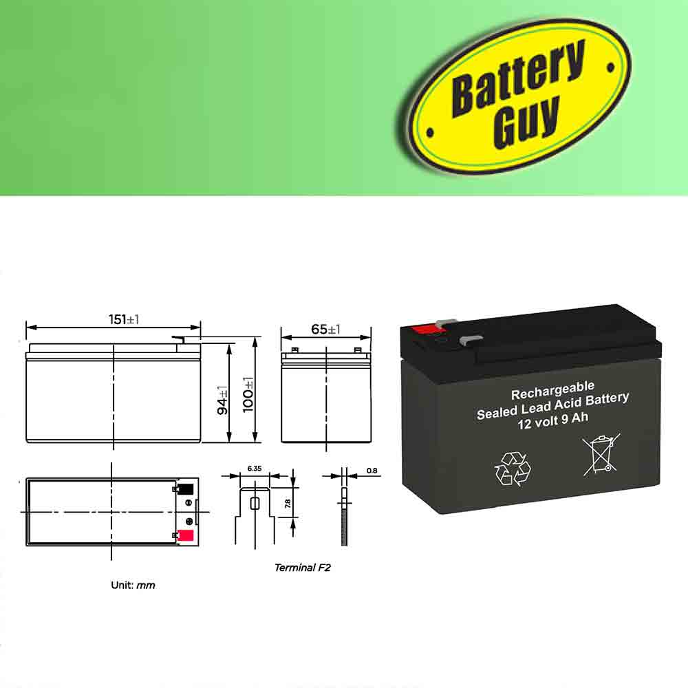 Dimensions - 12v 9Ah Rechargeable Sealed Lead Acid Battery