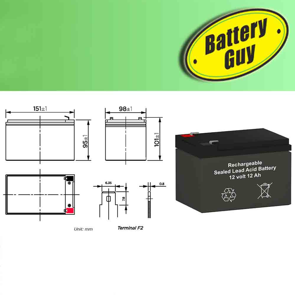 Dimensions - 12v 12Ah Rechargeable Sealed Lead Acid High Rate Battery