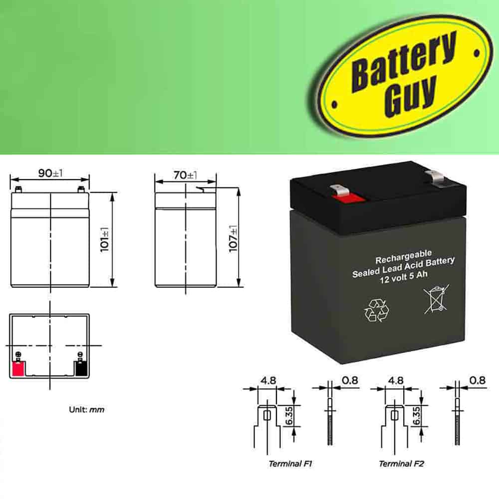 Dimensions - 12v 5Ah Rechargeable Sealed Lead Acid (Rechargeable SLA) Battery