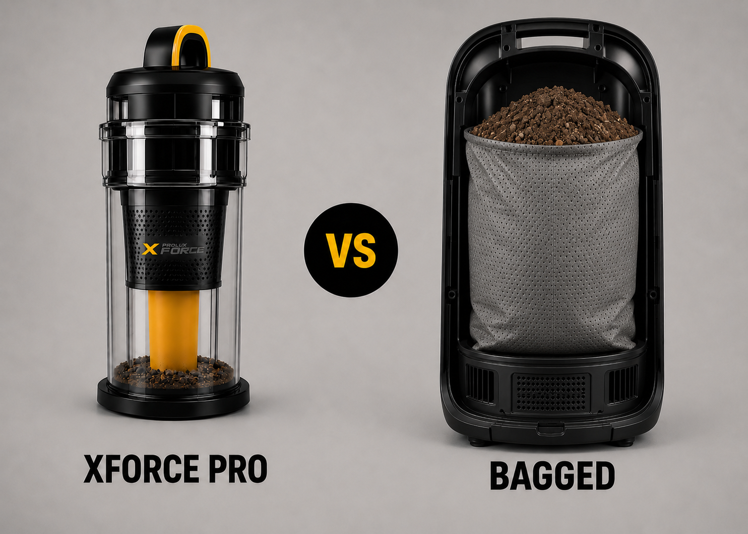 Prolux XForce Pro bagless bin vs traditional bagged backpack vacuum