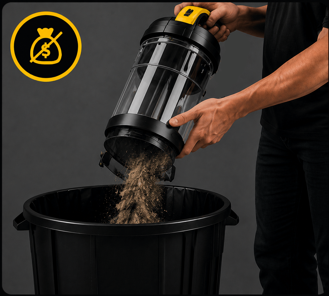 Emptying the Prolux XForce bagless bin into a trash can — no bags to buy