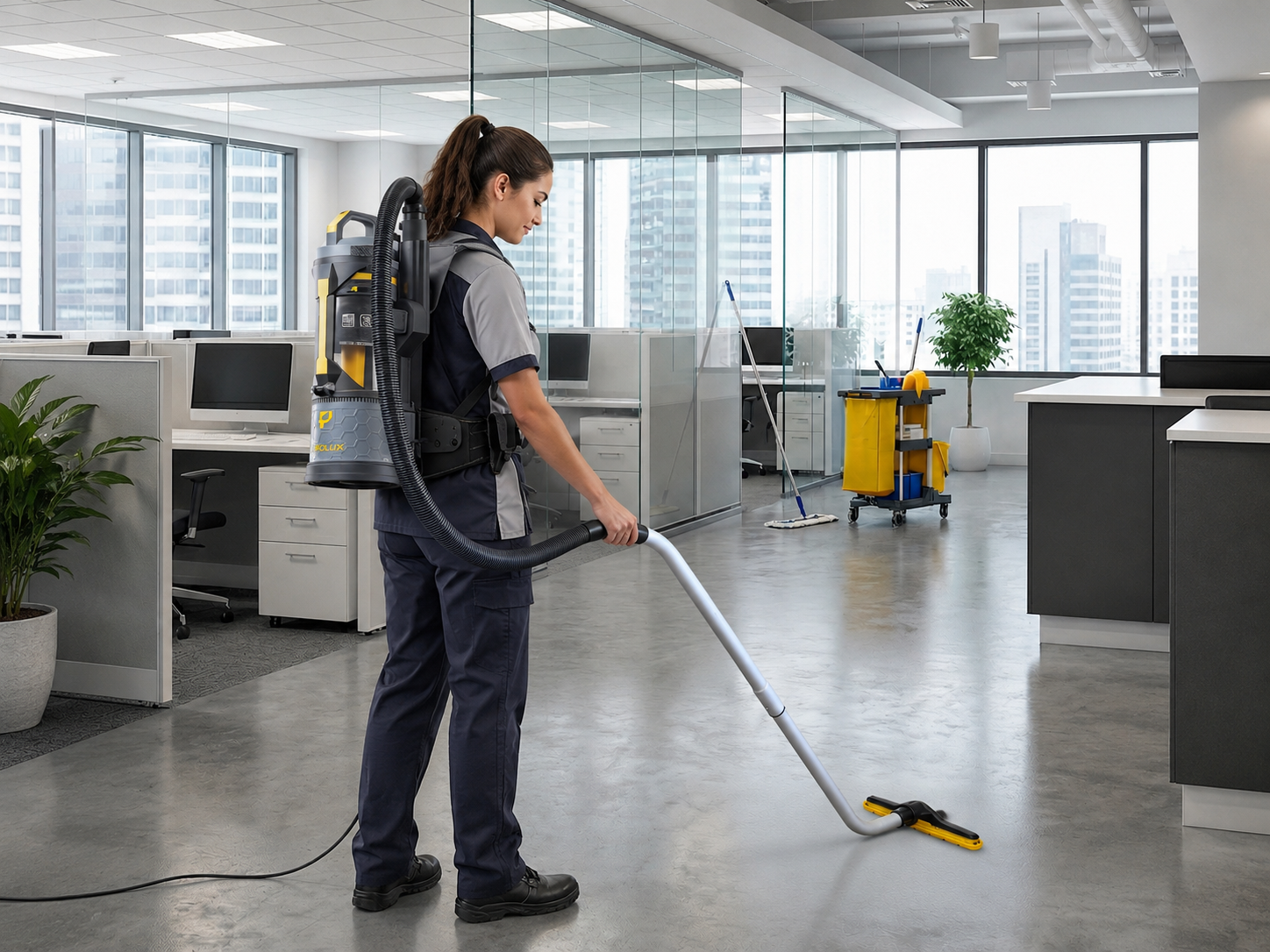 Professional cleaner using the Prolux XForce backpack vacuum in an office